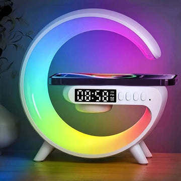 Linova™ RGB Table Lamp with Clock, Wireless Charging & Speaker – Adjustable Colors for Bedroom/Office